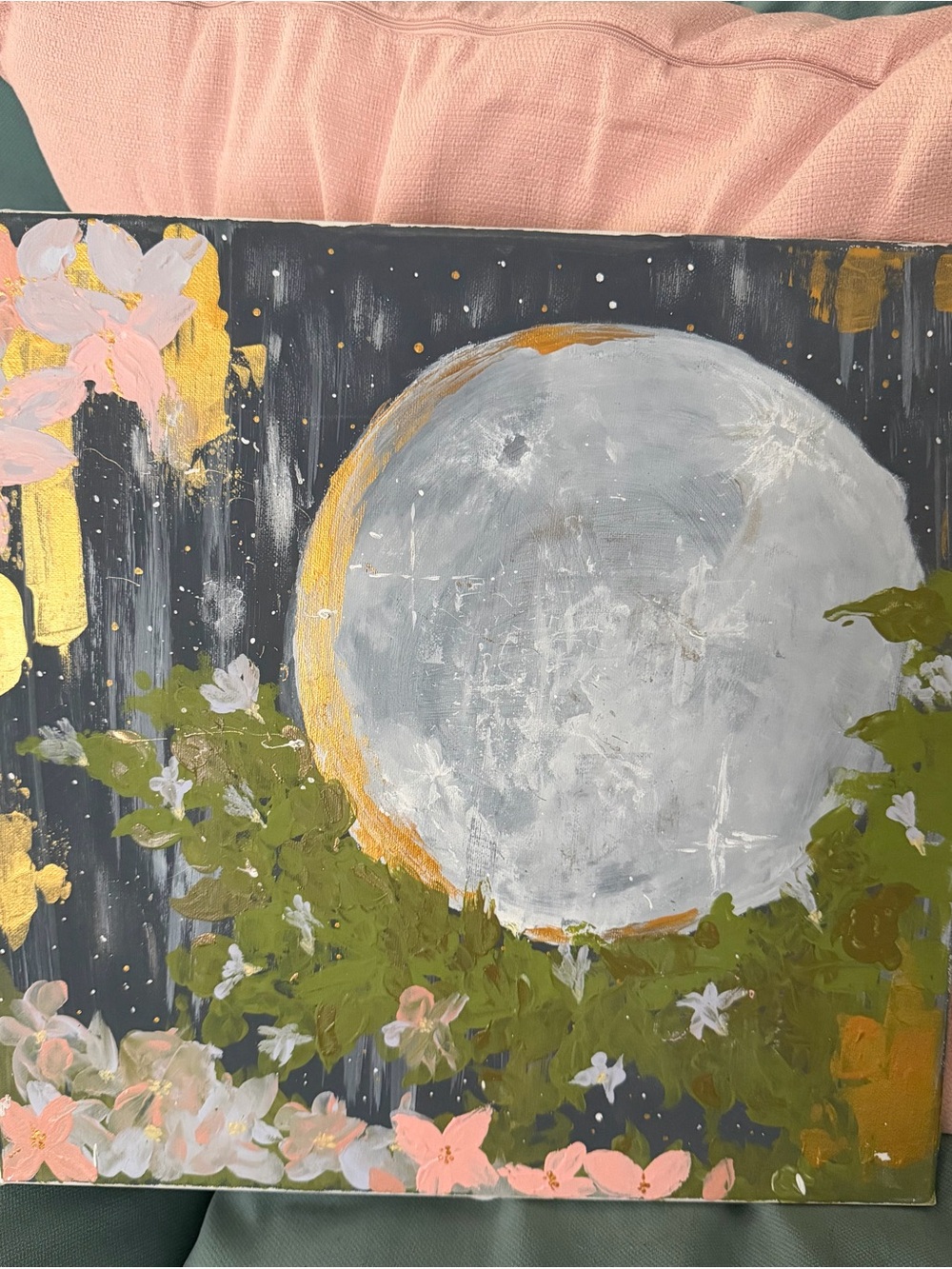 Hand-Painted acrylic Floral Moon Canvas Art - Pink, Green & Gold
